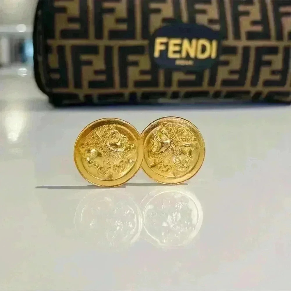 Vintage FENDI GOLD EARRINGS Janus Coin Round Earrings Gold Neoclassical